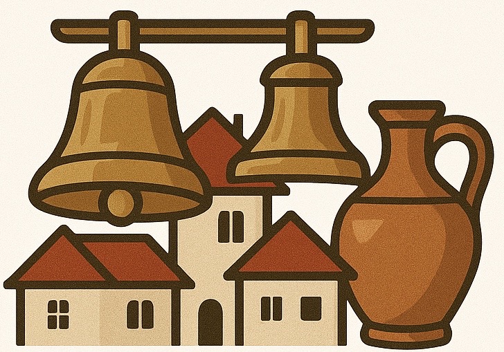 One Beit Chabab Foundation Logo - Church bells, traditional pottery, and Lebanese houses